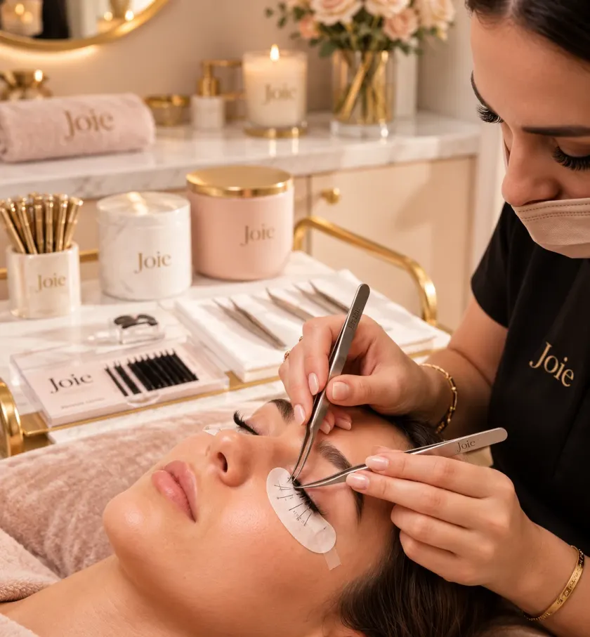 A lash technician applying lash extensions in a calm treatment room